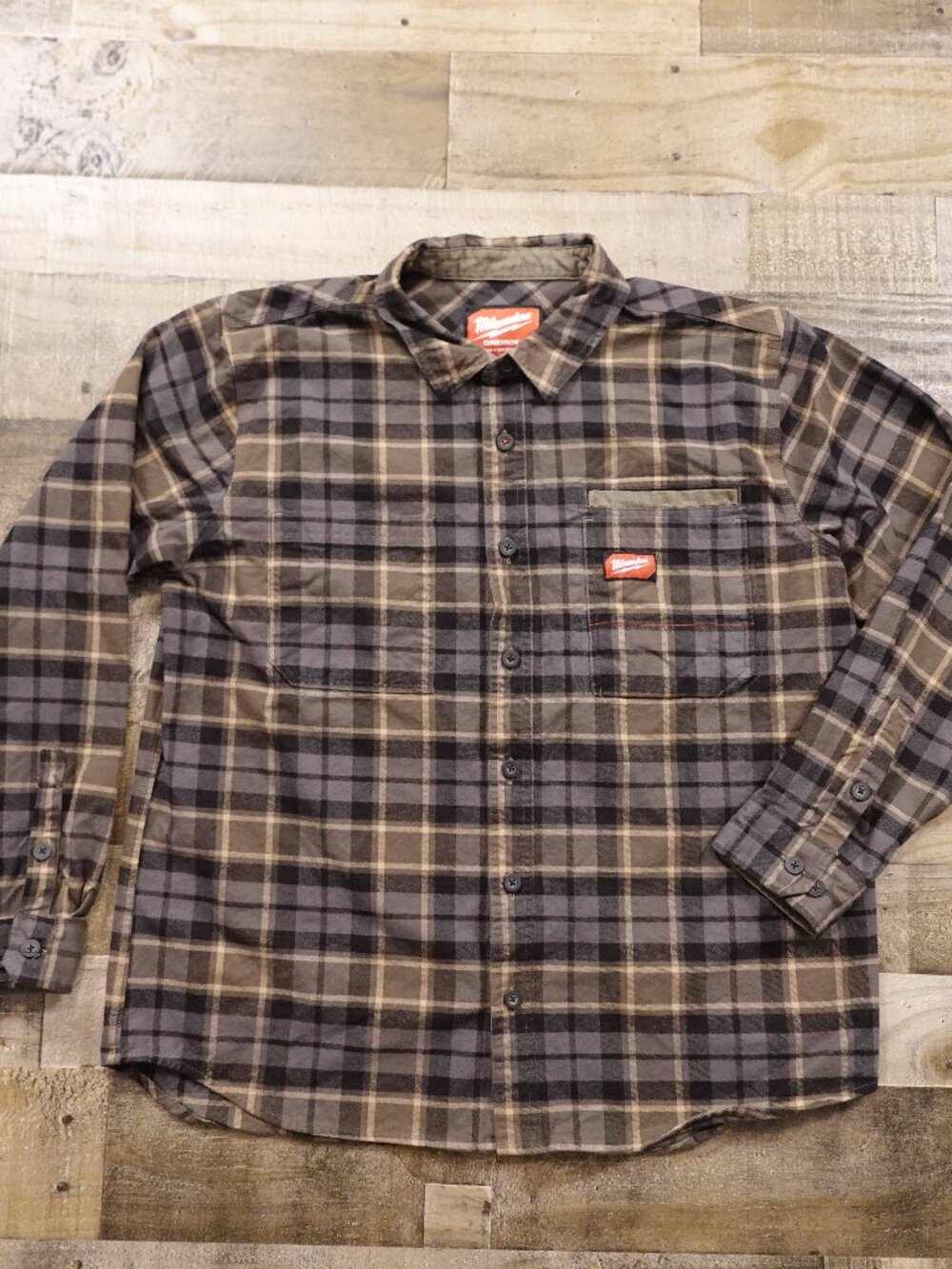 Milwaukee GridIron‎ Plaid Work Shirt Men's XL Brown Gray Cotton Button Front